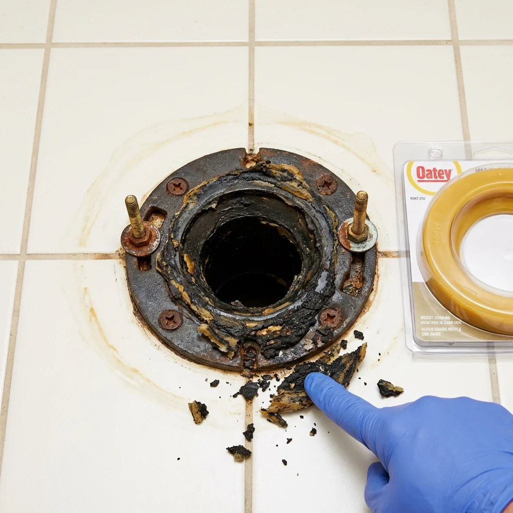 Failed wax ring showing water seepage at the base of a toilet in a Boulder, MT home